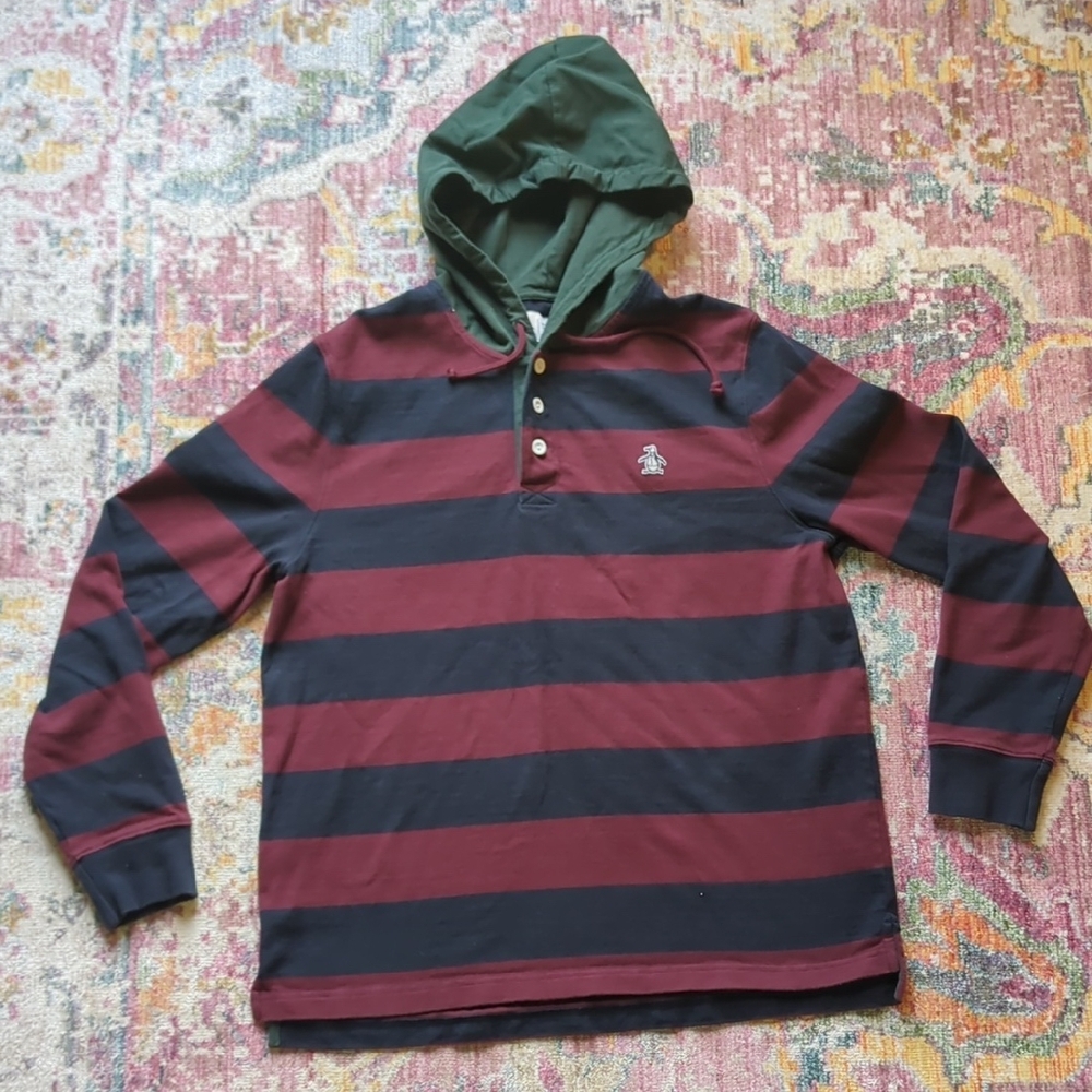 Original Penguin Men’s Rugby Hoodie Sz L Maroon Navy Striped Cotton Pullover